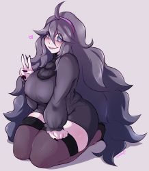 Rule 34 | 1girl, @ @, ahoge, breasts, chikkibug, creatures (company), curvy, dress, full body, game freak, headband, hex maniac (pokemon), highres, large breasts, long hair, looking at viewer, nintendo, npc trainer, parted lips, pokemon, pokemon xy, purple dress, purple eyes, purple hair, simple background, sitting, smile, solo, thick thighs, thighhighs, thighs, very long hair, wide hips, zettai ryouiki