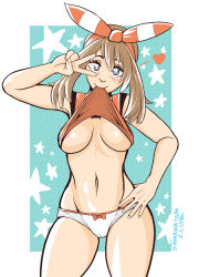 Rule 34 | 1girl, arm up, artist name, blue eyes, blush, breasts, breasts apart, bright pupils, brown hair, clothes lift, cowboy shot, creatures (company), game freak, hair ribbon, hand on own hip, heart, hip focus, looking at viewer, may (pokemon), may (pokemon oras), medium breasts, mouth hold, navel, nintendo, no pants, panties, pokemon, pokemon oras, pokemon rse, ribbon, samanator club, shirt, shirt lift, sleeveless, sleeveless shirt, smile, solo, stomach, underboob, underwear, v, v over eye