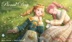 Rule 34 | 2girls, 3d, apron, blonde hair, brown dress, brown hat, commentary, copyright name, day, dress, drill hair, english commentary, english text, fingernails, floral print, flower, green dress, green eyes, hat, highres, lipstick, lolory (shining nikki), long dress, looking at another, makeup, multiple girls, nail polish, nikki (miracle nikki), official art, on grass, outdoors, parasol, parted lips, pink hair, shadow, shining nikki, signature, sleeping, teeth, twin drills, twintails, umbrella, white apron, yellow hat