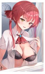 Rule 34 | 1girl, :d, absurdres, bad id, bad twitter id, black bra, bra, breasts, clock, collared shirt, heterochromia, highres, hololive, houshou marine, iroha (unyun), large breasts, open clothes, open mouth, open shirt, red eyes, red hair, shirt, smile, solo, twintails, underwear, upper body, virtual youtuber, window, yellow eyes