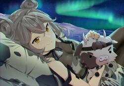 Rule 34 | 1girl, absurdres, animal print, armband, aurora, bare arms, bare shoulders, black nails, breasts, brown pantyhose, cleavage, commission, cow print, hugging doll, double bun, dress, grey hair, hair bun, highres, indie virtual youtuber, looking at viewer, lying, medium breasts, moosuki (vtuber), nail polish, hugging object, on back, pantyhose, pillow, see-through, short hair, sleeveless, sleeveless dress, smile, solo, steeb, stuffed cow, virtual youtuber, white dress, yellow eyes