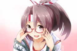 Rule 34 | 10s, 1girl, bespectacled, brown hair, glasses, haniyama kurofo, headband, japanese clothes, kantai collection, looking at viewer, open mouth, ponytail, red eyes, solo, zuihou (kancolle)