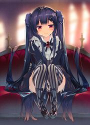 Rule 34 | 1girl, :&gt;, arikawa satoru, black bow, black hair, blush, bow, brooch, chaise longue, closed mouth, flower knight girl, frills, full body, hair bow, highres, jewelry, long hair, looking at viewer, red eyes, smile, solo, striped bow, striped clothes, striped thighhighs, thighhighs, torikabuto (flower knight girl), twintails, upper body, vertical-striped clothes, vertical-striped thighhighs