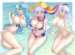 Rule 34 | 3girls, absurdres, alternate breast size, alternate costume, azur lane, bikini, blue hair, bow, bow bikini, breasts, cleavage, commentary, cygnet (azur lane), cygnet (sea star on shore) (azur lane), dido (azur lane), feet out of frame, frilled bikini, frills, hat, highres, huge breasts, kisahipi, large breasts, light blue hair, long hair, looking at viewer, multiple girls, neptune (azur lane), official alternate costume, plaid, plaid bikini, pulling own clothes, purple bikini, purple bow, purple eyes, strap pull, straw hat, sun hat, swimsuit, wading, water, white bikini, yellow eyes