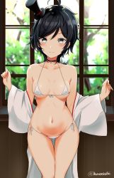 Rule 34 | 10s, 1girl, ahoge, bad id, bad pixiv id, bare shoulders, bikini, black hair, black neckwear, blurry, blurry background, blush, breasts, bush, closed mouth, collarbone, commentary request, front-tie bikini top, front-tie top, gluteal fold, green eyes, hat, highres, indoors, kantai collection, long sleeves, looking at viewer, matsukaze (kancolle), mini hat, mini top hat, navel, off shoulder, short hair, side-tie bikini bottom, skindentation, small breasts, smile, solo, swept bangs, swimsuit, takaharu, thigh gap, top hat, twitter username, upper body, white bikini, wide hips, wide sleeves, window, wooden wall