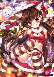 Rule 34 | 1girl, :q, absurdres, akabane (zebrasmise), animal ears, arm support, bell, black gloves, blush, brown hair, cameltoe, cat, cat ears, cat tail, chocolate banana, choker, christmas, collar, crotch seam, elbow gloves, fake animal ears, female focus, fur trim, gloves, hair bell, hair bobbles, hair ornament, hat, highres, jingle bell, knees together feet apart, long hair, looking at viewer, melonbooks, midriff, neck bell, panties, paw print, pinky out, pom pom (clothes), purple eyes, ribbon, ribbon choker, sack, santa hat, scan, sexually suggestive, sitting, skirt, solo, star (symbol), straight hair, striped clothes, striped thighhighs, tail, tail ornament, tail ribbon, thighhighs, tongue, tongue out, two side up, underwear, upskirt, very long hair, white panties