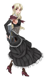 Rule 34 | 00s, 1girl, armpits, blonde hair, breasts, coyote ragtime show, dress, elbow gloves, gloves, gun, high heels, january (coyote ragtime show), long hair, medium breasts, purple eyes, rifle, scharfschutze, shoes, sideboob, solo, weapon