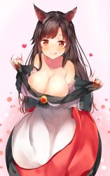 Rule 34 | 1girl, :q, animal ears, bare shoulders, blush, breasts, brown hair, cleavage, dress, female focus, fingernails, gradient background, imaizumi kagerou, large breasts, licking lips, long hair, looking at viewer, red eyes, smile, solo, tail, tongue, tongue out, touhou, undressing, wolf ears, wolf tail, yukizumi remon