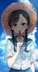 Rule 34 | 1girl, black hair, blue neckerchief, blue sailor collar, blue skirt, blue sky, blush, braid, brown hat, cloud, cloudy sky, collarbone, commentary request, day, english text, food, hair ornament, hair over shoulder, hairclip, hat, highres, holding, holding food, long hair, looking at viewer, low twintails, neckerchief, nekozuki yuki, open mouth, original, outdoors, pleated skirt, popsicle, purple eyes, sailor collar, school uniform, serafuku, shirt, short sleeves, skirt, sky, solo, straw hat, sweat, twin braids, twintails, twitter username, watermark, watermelon bar, white shirt, x hair ornament