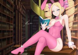 Rule 34 | 1girl, aged up, alternate breast size, beatrice (re:zero), blonde hair, blue eyes, book, boots, breast slip, breasts, butterfly-shaped pupils, cedric (gear art), commission, drill hair, high heel boots, high heels, highres, leotard, long hair, looking at viewer, medium breasts, naucrossed legs, naughty face, nipples, one breast out, playboy bunny, re:zero kara hajimeru isekai seikatsu, sidelocks, smirk, solo, symbol-shaped pupils, thighs