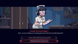 Rule 34 | 1girl, alarm clock, angel, azazel (helltaker), bad id, bad pixiv id, black hair, blue eyes, blunt bangs, book, bookshelf, clock, closet, collared shirt, commentary, cross, english commentary, english text, gloves, hair ribbon, halo, helltaker, highres, holding, holding magazine, indoors, krekkov, looking at viewer, magazine (object), official style, pants, poster (object), ribbon, shirt, short hair, short sleeves, solo, sweat, sword, weapon, white gloves, white pants, white ribbon, white shirt