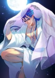 Rule 34 | 1boy, blanket, blue hair, closed mouth, cu chulainn (fate), expressionless, fate/stay night, fate (series), fingernails, floating hair, hair down, horns, japanese clothes, kimono, cu chulainn (fate/stay night), long fingernails, long hair, long toenails, male focus, mayuki (ubiquitous), moon, night, nipples, open clothes, open kimono, red eyes, see-through, slit pupils, solo, spiked hair, toenails, type-moon, yukata