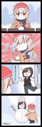 Rule 34 | 2girls, 4koma, absurdres, animal ears, beanie, black hair, blunt bangs, bucket, bucket on head, coat, comic, emphasis lines, flower, hair flower, hair ornament, happy meek (umamusume), hat, highres, horse ears, horse girl, horse tail, kiryuuin aoi, light brown hair, mittens, multiple girls, object on head, open mouth, orange coat, outdoors, pink mittens, ponytail, purin a la mode (popup), red background, red headwear, scarf, short hair, sidelocks, snow, snow rabbit, snowball, snowman, speech bubble, tail, translation request, tree, trimmed tail, umamusume, winter clothes, winter coat