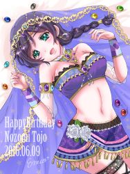 Rule 34 | 10s, 1girl, 2016, blush, braid, breasts, collarbone, dancer, dated, earrings, eneco, fingernails, flower, green eyes, hair ornament, happy birthday, highres, jewelry, long fingernails, long hair, looking at viewer, love live!, love live! school idol festival, love live! school idol project, medium breasts, navel, open mouth, purple hair, rose, side braid, signature, single braid, smile, solo, tojo nozomi, veil, white flower, white rose