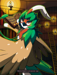 Rule 34 | absurdres, bird, book, bookshelf, candle, candlelight, commentary, commentary typo, copyright name, creatures (company), decidueye, deviantart username, english commentary, game freak, gen 7 pokemon, harlequinwaffles, highres, holding, holding book, indoors, ladder, legendary pokemon, library, looking at viewer, lunala, mixed-language commentary, nintendo, no humans, open book, owl, pokemon, pokemon (creature), solgaleo, solo, spanish commentary, unownglyphics, watermark, web address, wings