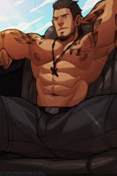 Rule 34 | 1boy, abs, arm tattoo, bara, beard, bulge, chest tattoo, cross, cross necklace, dark-skinned male, dark skin, facial hair, feet out of frame, final fantasy, final fantasy xv, gladiolus amicitia, grey pants, jewelry, jimsdaydreams, large pectorals, looking at viewer, male focus, mature male, muscular, muscular male, navel, necklace, nipples, pants, pectoral cleavage, pectorals, scar, scar across eye, scar on face, topless male, short hair, shoulder tattoo, sideburns, solo, spread legs, stomach, stubble, tattoo, thick thighs, thighs