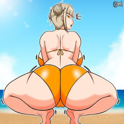 Rule 34 | 1girl, ass, ass focus, ass shake, backboob, bikini, blonde hair, boku no hero academia, breasts, feet, female focus, from behind, huge ass, huge breasts, looking at viewer, looking back, solo, squatting, swimsuit, toga himiko, twerking