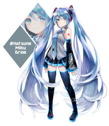 Rule 34 | 1girl, aqua nails, artist name, bare shoulders, belt, black skirt, black sleeves, black thighhighs, blue eyes, blue hair, blue necktie, boots, character name, commentary, derivative work, detached sleeves, full body, grey shirt, hair between eyes, hair ornament, hana (mew), hashtag, hatsune miku, headphones, headset, highres, light smile, long hair, looking at viewer, miniskirt, nail polish, necktie, number tattoo, pleated skirt, projected inset, shirt, shoulder tattoo, skindentation, skirt, sleeveless, sleeveless shirt, solo, standing, tattoo, thigh boots, thighhighs, tie clip, twintails, very long hair, vocaloid, vocaloid boxart pose, white background