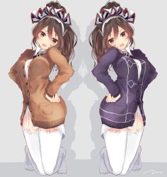 Rule 34 | 10s, 2girls, alternate costume, ashigara (kancolle), breasts, brown eyes, brown hair, cardigan, cleavage cutout, clothing cutout, commentary request, dual persona, garter straps, hair between eyes, hairband, headwear request, highres, kantai collection, long sleeves, looking at viewer, medium breasts, multiple girls, no pants, open mouth, school uniform, simple background, tebi (tbd11), thighhighs, white legwear