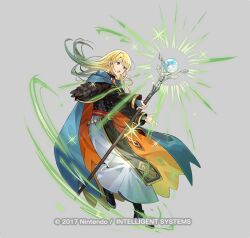 Rule 34 | 1boy, :o, androgynous, aura, belt buckle, black capelet, black footwear, black robe, blonde hair, blue bridal gauntlets, blue cape, blue eyes, boots, bridal gauntlets, buckle, cape, capelet, copyright notice, feather trim, fire emblem, fire emblem heroes, full body, glowing, gradient hair, green hair, grey background, holding, holding staff, long hair, long sleeves, looking at object, lucius (fire emblem), male focus, multicolored clothes, multicolored hair, nintendo, official art, open hand, orange cape, red sash, robe, sash, simple background, solo, staff, standing, swept bangs, tobi (kotetsu), two-sided cape, two-sided fabric, white robe
