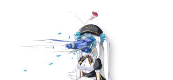 Rule 34 | 1girl, black hat, blue flower, blue ribbon, bouquet, collared dress, commentary request, dress, flower, hair ribbon, hat, highres, kagura gumi, kagura mea, motion lines, peaked cap, puffy short sleeves, puffy sleeves, ribbon, ruhuayoyo, short sleeves, simple background, solo, twintails, virtual youtuber, white background, white hair