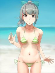 Rule 34 | 1girl, artist name, beach, bikini, blue sky, blunt bangs, blurry, bow, breasts, brown eyes, collarbone, commentary request, cowboy shot, day, depth of field, gluteal fold, green bikini, green bow, grey hair, groin, hair bow, highres, horizon, kantai collection, long hair, looking at viewer, navel, ocean, outdoors, side-tie bikini bottom, sky, small breasts, smile, solo, standing, striped bikini, striped clothes, swimsuit, twitter username, yuubari (kancolle), yuushou