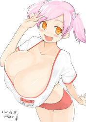 Rule 34 | + +, 1girl, :d, breasts, buruma, cleavage, cowboy shot, dated, hair bobbles, hair ornament, hand up, huge breasts, looking at viewer, name tag, open mouth, orange eyes, original, pen (pen3), pink hair, shirt, short hair, short sleeves, simple background, smile, solo, standing, twintails, w, white background, white shirt