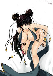 Rule 34 | 1girl, alternate costume, alternate hairstyle, bent over, black dress, black hair, breasts, brown eyes, brown hair, capcom, chun-li, cleavage, dated, double bun, downblouse, dress, female focus, hair bun, halterneck, large breasts, long hair, long twintails, looking at viewer, nipple slip, nipples, no bra, panties, panty pull, pelvic curtain, pulling own clothes, push! (pushmylove), revealing clothes, shiny skin, shoes, solo, standing, street fighter, street fighter iv (series), twintails, underwear, undressing, very long hair