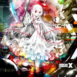 1girl absurdres album_cover bandaged_arm bandages bare_shoulders cable closed_mouth colored_skin cover cross-laced_clothes cross-laced_dress doro_c dress frown hardcore_tano_c headphones highres kei_(keigarou) long_hair outstretched_arm outstretched_hand red_eyes solo white_dress white_hair white_skin