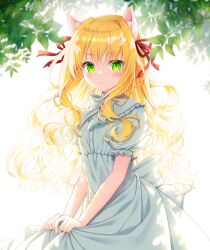 Rule 34 | 1girl, :o, animal ear fluff, animal ears, backlighting, blonde hair, blush, bow, cat ears, character request, collared dress, commentary request, day, dress, frilled shirt collar, frills, green eyes, hair between eyes, hair intakes, hair ribbon, highres, long hair, looking at viewer, minatsuki alumi, momoiro taisen pairon, outdoors, parted lips, puffy short sleeves, puffy sleeves, red ribbon, ribbon, short sleeves, skirt hold, solo, sunlight, very long hair, white bow, white dress