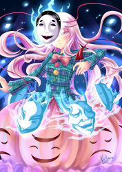 Rule 34 | 1girl, artist name, blue fire, bow, bowtie, bubble skirt, buttons, expressionless, female focus, fire, floating, green jacket, hannya, hata no kokoro, highres, hopeless masquerade, jacket, long hair, long sleeves, looking at viewer, mask, noh mask, pink bow, pink bowtie, pink eyes, pink hair, plaid, plaid shirt, shirt, signature, skirt, solo, star (symbol), tengu mask, touhou, triangle, villyane