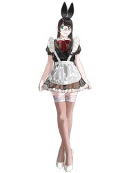 Rule 34 | 1girl, absurdres, alternate costume, animal ears, apron, black dress, black hair, brown thighhighs, crossed legs, dress, enmaided, fake animal ears, frilled apron, frills, full body, glasses, green eyes, highres, kantai collection, long hair, looking at viewer, maid, ojipon, ooyodo (kancolle), rabbit ears, red ribbon, ribbon, semi-rimless eyewear, simple background, skirt hold, solo, thighhighs, under-rim eyewear, watson cross, white apron, white background