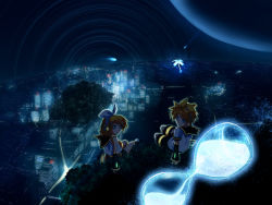 Rule 34 | 1boy, 1girl, bad id, brother and sister, city, cityscape, highres, hirobakar, kagamine len, kagamine rin, looking back, night, scenery, siblings, sitting, slow shutter, star (symbol), time lapse, twins, vocaloid, wallpaper