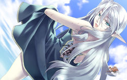 Rule 34 | 10s, 1girl, 2010, :d, agarest senki, agarest senki (series), clothes lift, company name, copyright name, dress, game cg, glasses, green dress, green eyes, highres, hirano katsuyuki, long hair, looking back, official art, open mouth, pale skin, pointy ears, sharona (agarest senki), silver hair, skirt, skirt lift, smile, solo, sweat