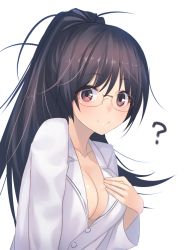Rule 34 | 1girl, ?, black hair, breasts, cleavage, izumi sai, long hair, looking at viewer, original, pink eyes, ponytail, shirt, simple background, smile, solo, white background, white shirt