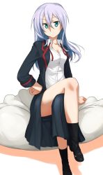 Rule 34 | 10s, 1girl, arm support, bare legs, blazer, boots, breasts, cardfight!! vanguard, cleavage, crossed legs, dress shirt, green eyes, hand on own hip, highres, hip focus, jacket, legs, long hair, long skirt, medium breasts, shirt, silver hair, simple background, sitting, skirt, solo, tokura misaki, ttomm, untied