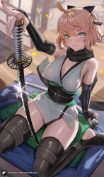 Rule 34 | 1girl, ahoge, aqua eyes, arm up, bare shoulders, black scarf, black thighhighs, blonde hair, blurry, blurry background, breasts, closed mouth, commentary, day, english commentary, enma (enmanuelart), fate/grand order, fate (series), hair between eyes, highres, holding, holding sword, holding weapon, japanese clothes, looking at viewer, medium hair, nail polish, no shoes, obi, okita souji (fate), patreon logo, patreon username, petals, pink nails, sash, scarf, shouji, sitting, sliding doors, smirk, solo, sunlight, sword, thighhighs, thighs, wariza, weapon