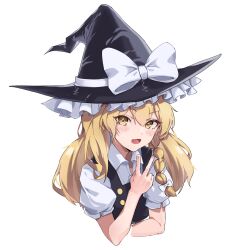 Rule 34 | 1girl, black hat, black vest, blonde hair, bow, braid, collared shirt, commentary request, cropped torso, fang, frilled hat, frills, hair between eyes, hand up, hat, hat bow, highres, kirisame marisa, looking at viewer, medium hair, morynatsu, open mouth, puffy short sleeves, puffy sleeves, shirt, short sleeves, side braid, simple background, single braid, smile, solo, touhou, upper body, v, vest, white background, white bow, white shirt, witch hat, yellow eyes