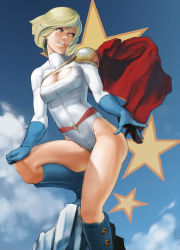 Rule 34 | 1girl, alien, animification, ataruman, blonde hair, blue eyes, blue footwear, blue gloves, boots, breasts, cape, cleavage, cleavage cutout, clothing cutout, dc comics, gloves, highleg, highleg leotard, highres, kryptonian, leotard, parted lips, power girl, red cape, shoes, short hair, solo, star (symbol), superman (series)