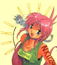 Rule 34 | 1990s (style), 1girl, animal, animal on shoulder, artist name, black eyes, body writing, cat, clothes writing, fang, fugou keiji balance:unlimited, green shirt, long hair, looking at viewer, natsume atsuko, official art, open mouth, pink hair, retro artstyle, shirt, sleeveless, sleeveless shirt, solo, takada yuuzou, upper body, very long hair, yellow background