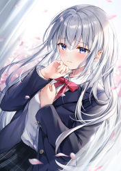 Rule 34 | 1girl, black jacket, black skirt, blazer, blue eyes, blurry, blurry background, blush, bow, closed mouth, collared shirt, commentary request, crying, crying with eyes open, depth of field, dress shirt, falling petals, hair between eyes, hands up, higeneko, highres, jacket, long sleeves, looking at viewer, open clothes, open jacket, original, petals, plaid, plaid skirt, pleated skirt, red bow, ribbon, school uniform, shirt, silver hair, skirt, solo, tears, white shirt