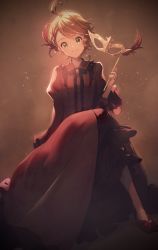 Rule 34 | 1girl, absurdres, ahoge, anklet, awarin, brown background, brown hair, closed mouth, dress, emma (yakusoku no neverland), green eyes, highres, jewelry, lolita fashion, long dress, long sleeves, looking at viewer, mask, red dress, short hair, smile, solo, swept bangs, yakusoku no neverland