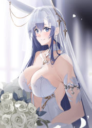 Rule 34 | 1girl, animal ears, armband, azur lane, blue eyes, blue hair, blush, bouquet, breasts, bridal veil, cleavage, collarbone, dress, earrings, fake animal ears, flower, highres, indoors, jewelry, large breasts, long hair, looking at viewer, new jersey (azur lane), new jersey (snow-white ceremony) (azur lane), official alternate costume, rabbit ears, raitho, revealing clothes, smile, solo, veil, very long hair, wedding dress, white dress