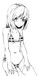 Rule 34 | 1girl, :d, bikini, comah, covered erect nipples, greyscale, long hair, looking at viewer, monochrome, navel, open mouth, original, side-tie bikini bottom, simple background, sitting, smile, solo, striped bikini, striped clothes, swimsuit, thighhighs, thighs