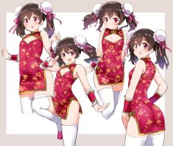 Rule 34 | 10s, 1girl, ass, black hair, bun cover, china dress, chinese clothes, cleavage cutout, clothing cutout, cowboy shot, cropped legs, double bun, dress, flat chest, floral print, hair bun, kurokawa makoto, looking at viewer, love live!, love live! school idol festival, love live! school idol project, multiple views, open mouth, pink footwear, red eyes, smile, standing, standing on one leg, thighhighs, twintails, two-tone background, white background, white thighhighs, wrist cuffs, yazawa nico