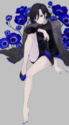 Rule 34 | 1girl, anemone (flower), arm support, black hair, blue eyes, blue flower, blue nails, closed mouth, clothes on shoulders, earrings, flower, full body, grey background, hair between eyes, hair over one eye, holding, invisible chair, jewelry, kusaka kou, looking at viewer, mole, mole under eye, nail polish, original, pale skin, unworn shoe, shoes, unworn shoes, short hair, short shorts, shorts, simple background, single shoe, sitting, smile, solo, stud earrings, toenail polish, toenails, unmoving pattern