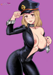 Rule 34 | 1girl, :d, arm up, black hat, blonde hair, bodysuit, boku no hero academia, bow, breasts, brown eyes, cleavage, collarbone, contrapposto, cowboy shot, gloves, hat, large breasts, leaning forward, long hair, looking at viewer, medium hair, navel, no bra, open bodysuit, open clothes, open mouth, peaked cap, pink background, redjet, shiny skin, simple background, smile, solo, teeth, unzipped, upper teeth only, utsushimi kemii, watermark, web address