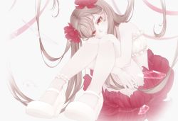 Rule 34 | 1girl, amarisuu, anklet, brown hair, commentary request, flower, frills, full body, glass shards, hair flower, hair ornament, highres, hugging own legs, jewelry, legs, long hair, mary janes, orange eyes, original, panties, red flower, red skirt, shoes, sitting, skirt, solo, strapless, tube top, underwear, very long hair, white background, white footwear, white panties