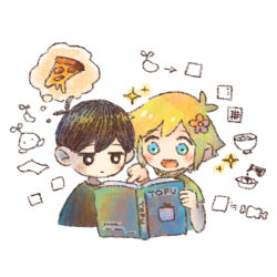 Rule 34 | 2boys, basil (faraway) (omori), basil (omori), black eyes, black hair, blonde hair, blue eyes, blush, book, closed mouth, expressionless, flower, food, hair flower, hair ornament, holding, holding book, multiple boys, omori, open mouth, pizza, pizza slice, short hair, simple background, smile, sprout mole, sun iiinu, sunny (omori), thought bubble, white background