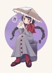 Rule 34 | !, !!, 1girl, :t, ajirogasa, black footwear, black hair, blush, braid, brown hat, buttons, cape, capelet, clothes writing, dress, eating, flip-flops, frilled capelet, frilled hat, frilled headwear, frills, geminico, grey dress, hat, highres, long earlobes, long sleeves, looking at viewer, purple background, red cape, red capelet, red eyes, red socks, sandals, simple background, snow on headwear, socks, solo, spoken exclamation mark, touhou, twin braids, white background, yatadera narumi, zouri